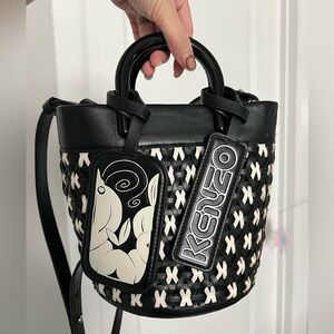 Kenzo Black and White Leather Woven Bucket Bag